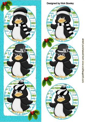 Penguins in Silly Hats with Holly in Turq Dl