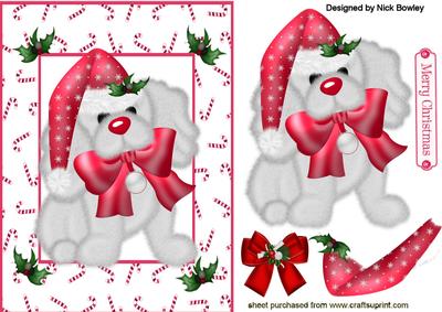Puppy in Holly Santa Hat in Candy Cane Frame