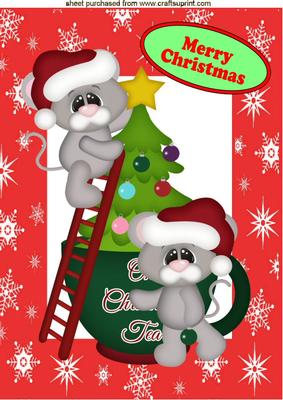 Little Mice in Santa Hats Dressing the Tree A4