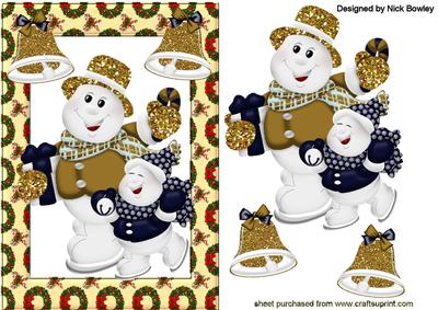 Skating Snowmen with Gold Glitt Er Bells