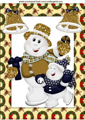 Skating Snowmen with Gold Glitter Bells A4