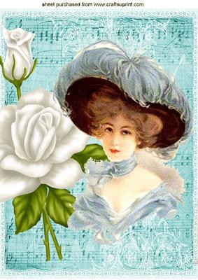 Vintage Lady in Feather Hat on Music with Rose A4