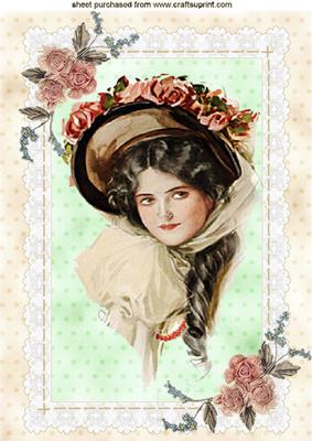 Vintage Lady in Rose Bonnet in Floral Frame A4