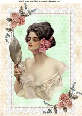 Vintage Lady with Mirror in Rose Frame A4