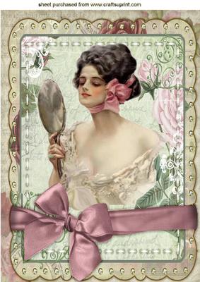 Vintage Lady with Mirror in Bow Frame A4
