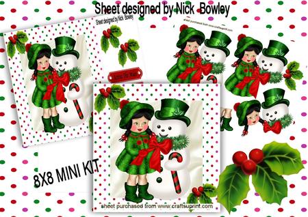 Little Girl with Snowman in Dotty Frame with Holly Mini Kit