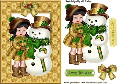 Little Girl in Gold Glitter Coat with Snowman