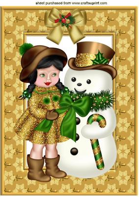 Little Girl in Gold Glitter Coat with Snowman A4