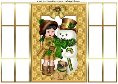 Little Girl, Pug and Snowman in Gold Gatefold
