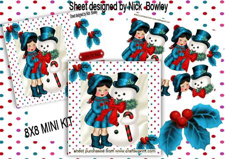 Little Girl in Turq with Snowman 8x8 Mini Kit