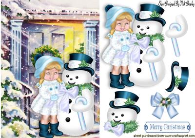 Little Girl in the Snow with Snowman