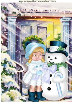Little Girl in the Snow with Snowman A4