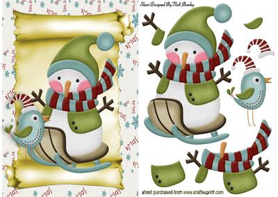 Snowman on Sledge with Little Bird