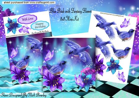 Fantasy Blue Birds with Flowers 8x8 Mini Kit