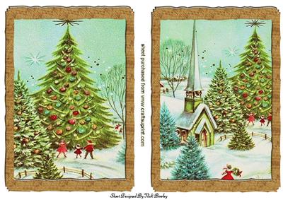 Christmas Tree & with Church in Wooden Frames