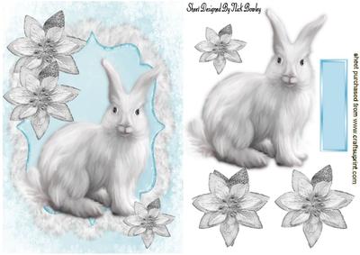 Cute Fluffy White Bunny with Silver Poinsettias