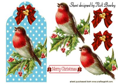 Vintage Robin with Berries on a Blue Tag