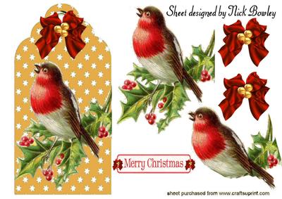 Vintage Robin with Berries on a Gold Tag