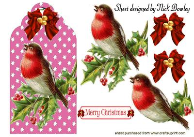 Vintage Robin with Berries on a Pink Tag
