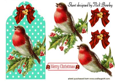 Vintage Robin with Berries on a Turq Tag