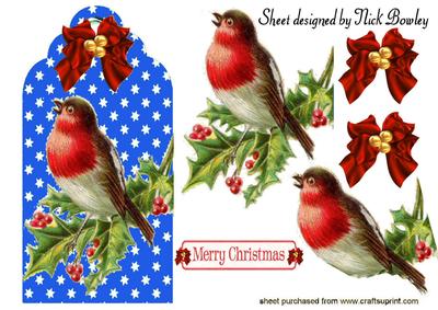 Vintage Robin with Berries on a Royal Blue Tag