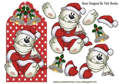 Little White Bear in Santa Hat on a Tag