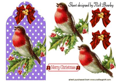 Vintage Robin on Holly on a Purple Tag with Stars