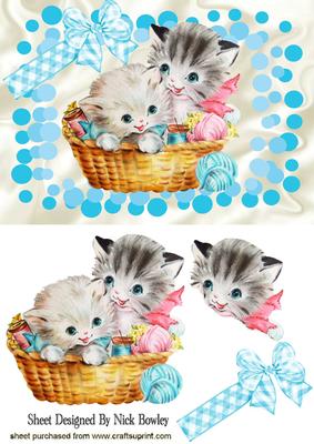 Kittens in Basket of Knitting with Bow