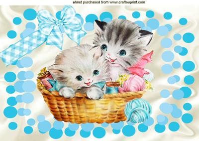 Kittens in Basket of Knitting with Bow A4