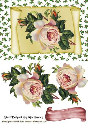 Vintage Pink Rose on Scroll with Holly