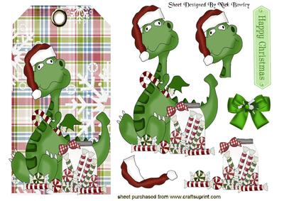 Christmas Dragon in Santa Hat on Tartan Tag