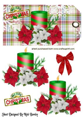 Christmas Candles on Tartan Tag with Bow