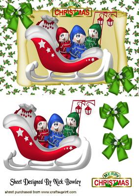 Elves in Santa Sleigh on Scroll with Holly