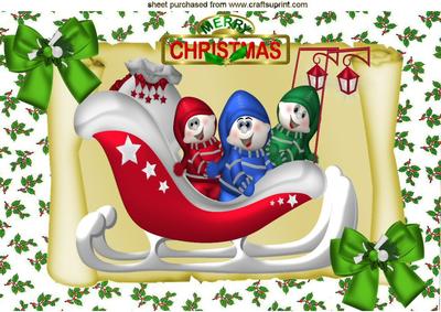Elves in Santa Sleigh on Scroll with Holly A4