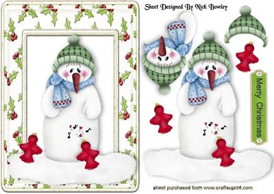 Cute Snowman with Little Birds in Holly Frame