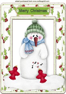 Cute Snowman with Little Birds in Holly Frame A4