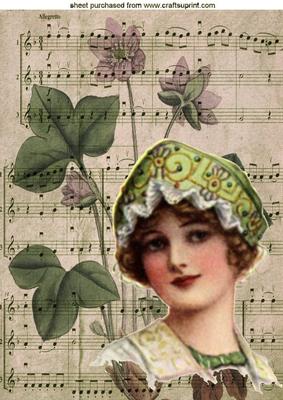 Pretty Vintage Lady in Green on Music Sheet A4
