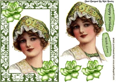 Pretty Lady in Ornate Frame with Green Roses