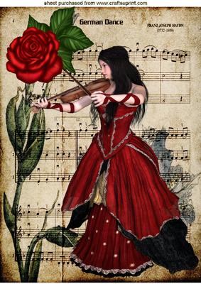 Vintage Lady with Red Rose on Music Sheet A4
