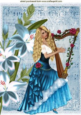 Pretty Lady with Flower Harp with Music A4