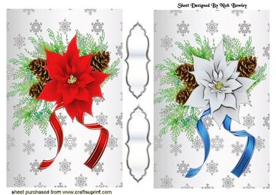 Pretty Poinsettias with Bows on Snowflake Cards