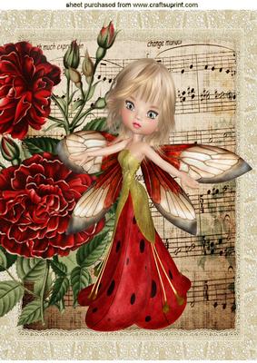 Pretty Faerie with Vintage Red Flowers A4