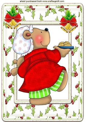 Dancing Bear with Cookies in Holly Frame A4