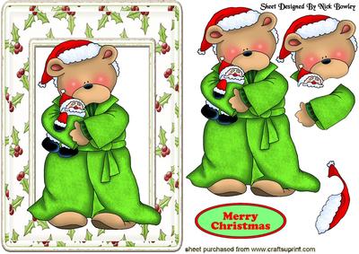 Teddy Waiting for Santa in Holly Frame