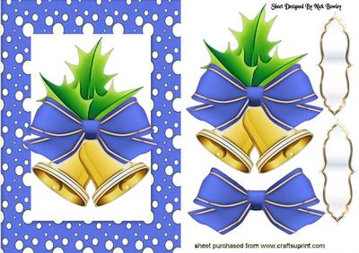 Christmas Bells with Holly in Blue Snow Frame