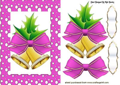 Christmas Bells with Holly in Pink Snow Frame