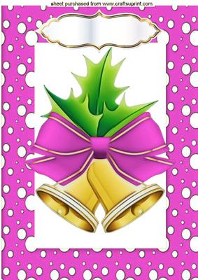Christmas Bells with Holly in Pink Snow Frame A4