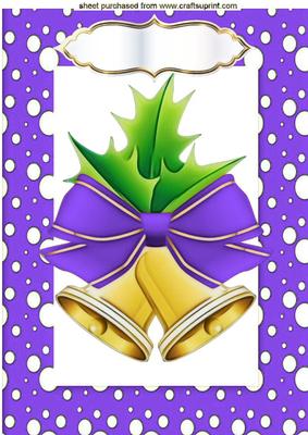 Christmas Bells with Holly in Purple Snow Frame A4