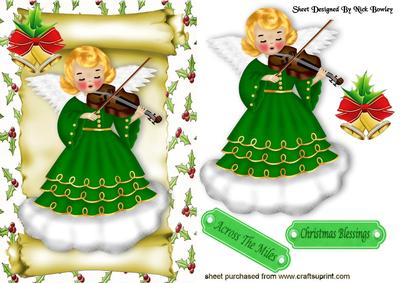 Angel Singing with Violin on a Scroll with Bells