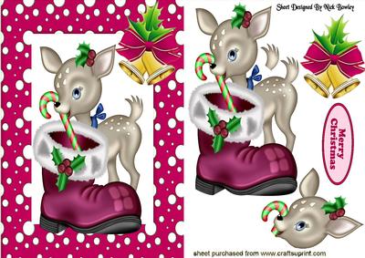 Little Deer in Pink Snow Frame with Bells